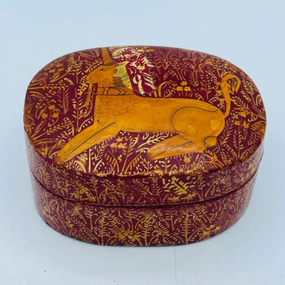Vintage Hand Painted Wooden Laquered Unique Unicorn Trinket Box Kashmir 1940s - Picture 2 of 11